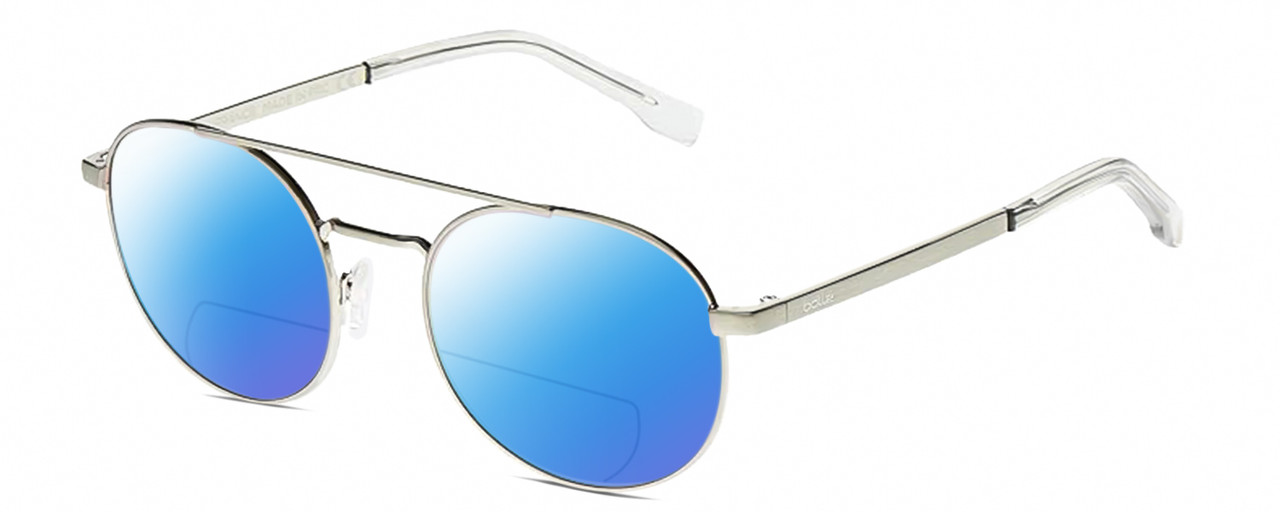 Profile View of BOLLE OVA Designer Polarized Reading Sunglasses with Custom Cut Powered Blue Mirror Lenses in Silver Clear Crystal Ladies Pilot Full Rim Metal 52 mm