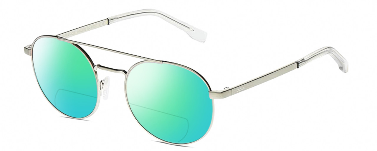 Profile View of BOLLE OVA Designer Polarized Reading Sunglasses with Custom Cut Powered Green Mirror Lenses in Silver Clear Crystal Ladies Pilot Full Rim Metal 52 mm