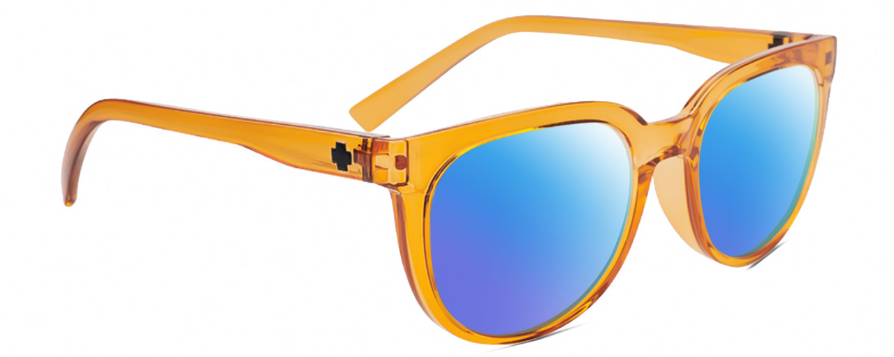 Profile View of SPY Optics Bewilder Designer Polarized Sunglasses with Custom Cut Blue Mirror Lenses in Orange Crystal Unisex Panthos Full Rim Acetate 54 mm