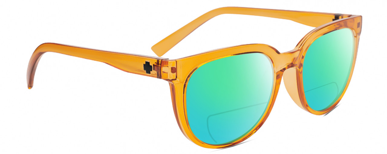 Profile View of SPY Optics Bewilder Designer Polarized Reading Sunglasses with Custom Cut Powered Green Mirror Lenses in Orange Crystal Unisex Panthos Full Rim Acetate 54 mm