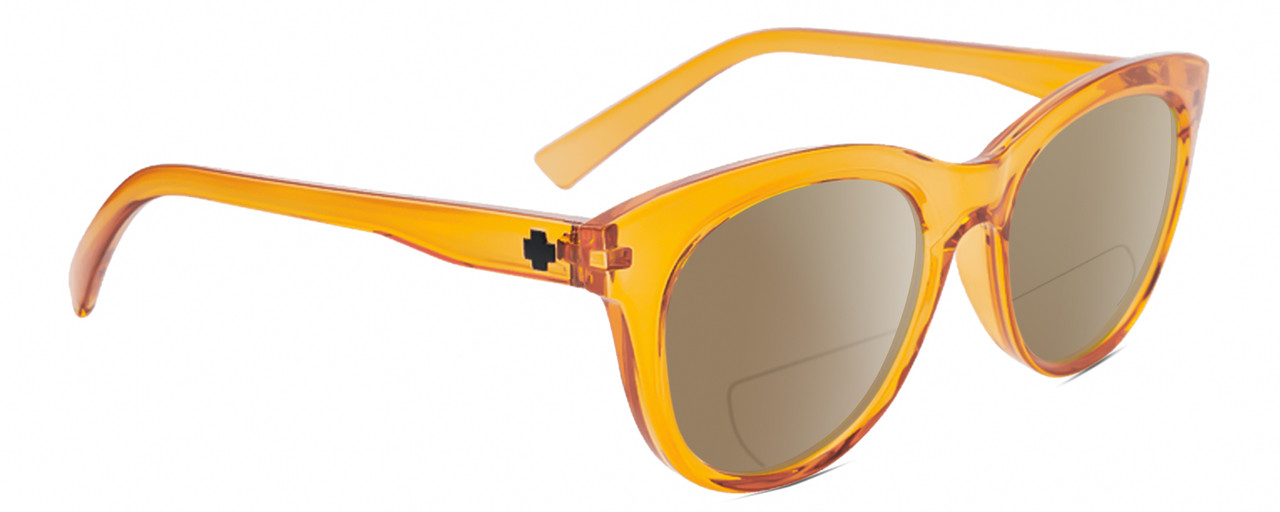 Profile View of SPY Optics Boundless  Designer Polarized Reading Sunglasses with Custom Cut Powered Amber Brown Lenses in Orange Crystal Unisex Cat Eye Full Rim Acetate 53 mm
