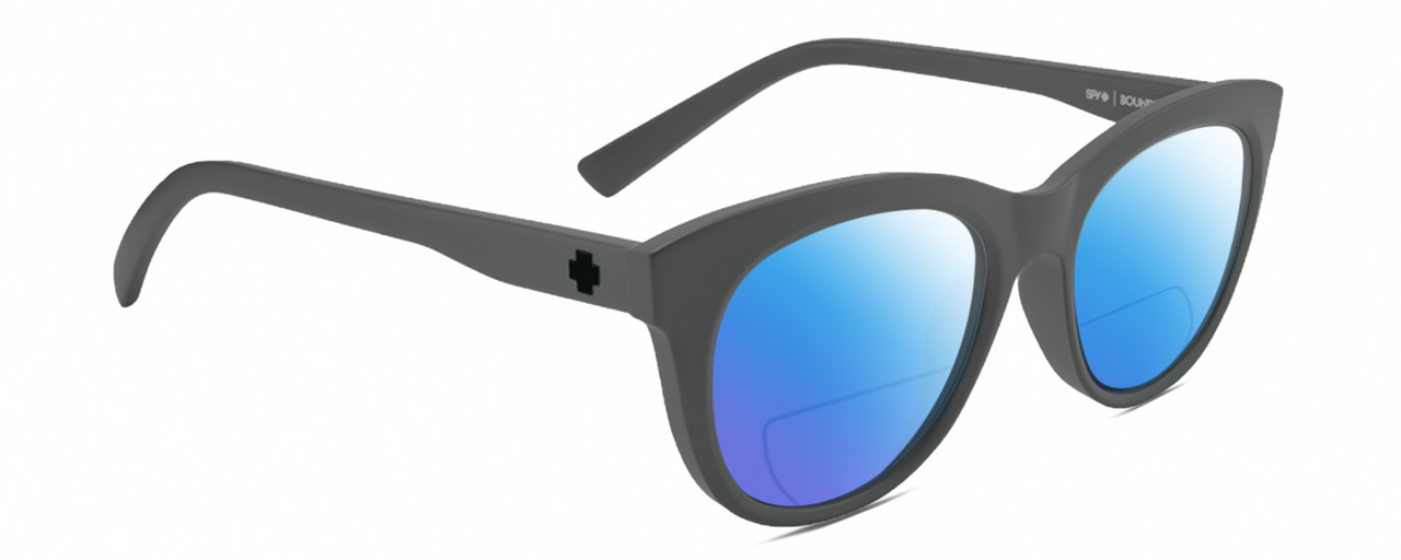 Profile View of SPY Optics Boundless Designer Polarized Reading Sunglasses with Custom Cut Powered Blue Mirror Lenses in Matte Gunmetal Grey Unisex Cat Eye Full Rim Acetate 53 mm