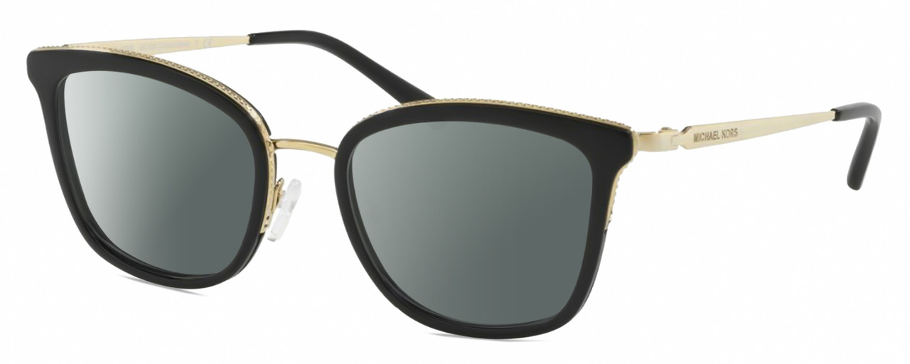 Profile View of Michael Kors MK3032 Designer Polarized Sunglasses with Custom Cut Smoke Grey Lenses in Gloss Black Gold Ladies Panthos Full Rim Metal 51 mm