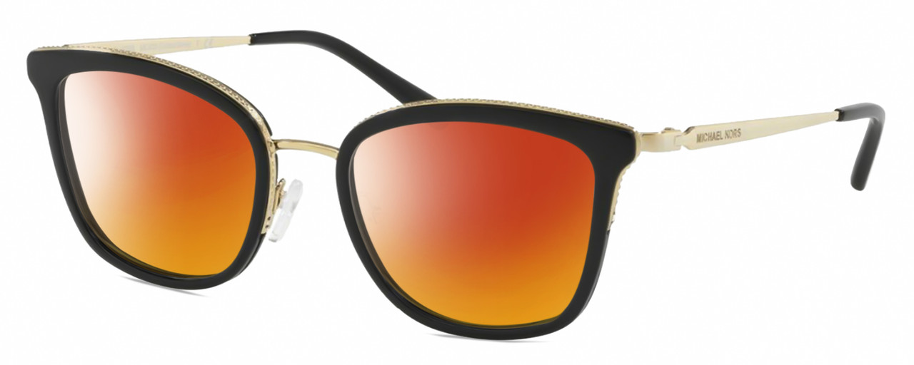 Profile View of Michael Kors MK3032 Designer Polarized Sunglasses with Custom Cut Red Mirror Lenses in Gloss Black Gold Ladies Panthos Full Rim Metal 51 mm