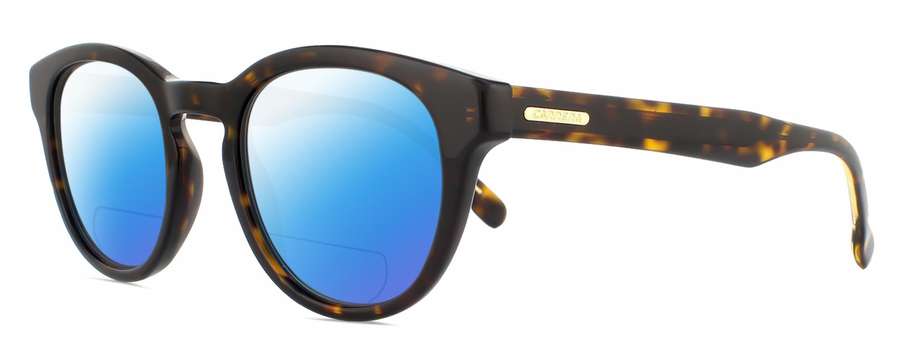 Profile View of CARRERA 252/S Designer Polarized Reading Sunglasses with Custom Cut Powered Blue Mirror Lenses in Havana Tortoise Gold Unisex Cat Eye Full Rim Acetate 50 mm