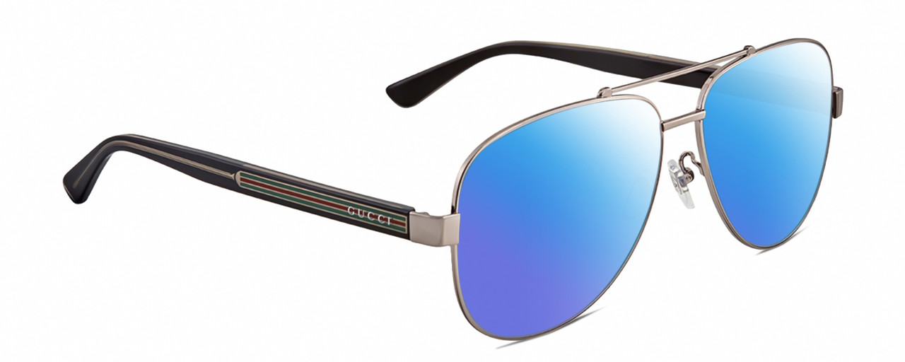 Profile View of Gucci GG0528S Designer Polarized Sunglasses with Custom Cut Blue Mirror Lenses in Ruthenium Silver Black Crystal Unisex Pilot Full Rim Metal 63 mm