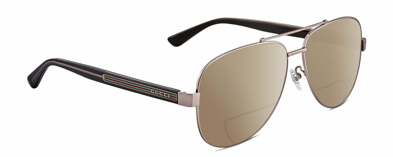 Profile View of Gucci GG0528S Designer Polarized Reading Sunglasses with Custom Cut Powered Amber Brown Lenses in Ruthenium Silver Black Crystal Unisex Pilot Full Rim Metal 63 mm