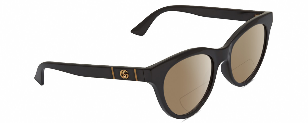 Profile View of Gucci GG0763S Designer Polarized Reading Sunglasses with Custom Cut Powered Amber Brown Lenses in Gloss Black Gold Ladies Cat Eye Full Rim Acetate 53 mm