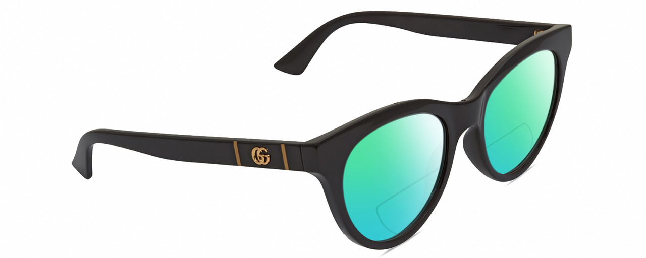 Profile View of Gucci GG0763S Designer Polarized Reading Sunglasses with Custom Cut Powered Green Mirror Lenses in Gloss Black Gold Ladies Cat Eye Full Rim Acetate 53 mm