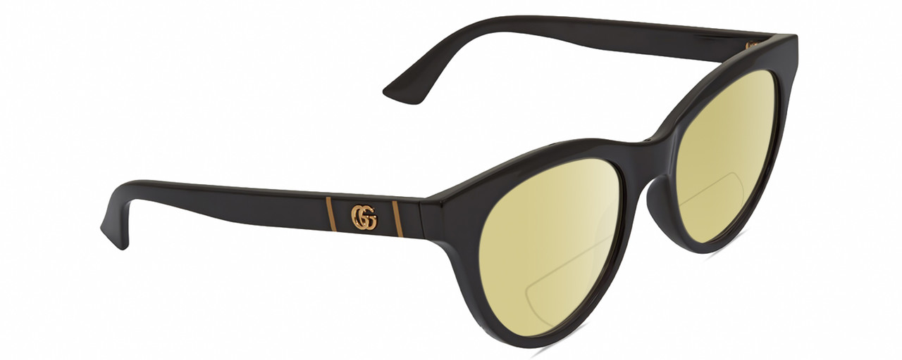 Profile View of Gucci GG0763S Designer Polarized Reading Sunglasses with Custom Cut Powered Sun Flower Yellow Lenses in Gloss Black Gold Ladies Cat Eye Full Rim Acetate 53 mm