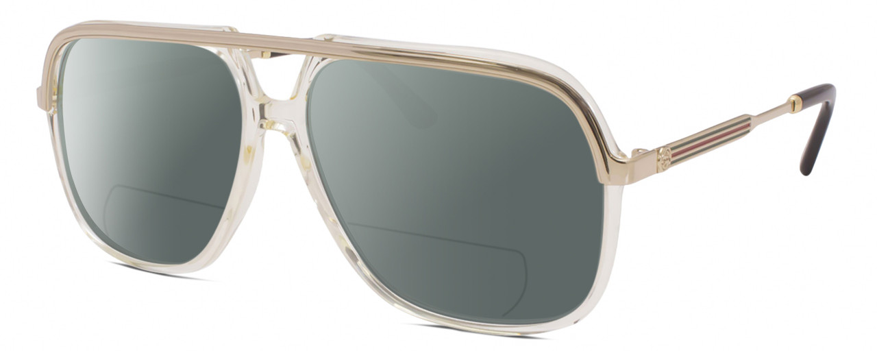 Profile View of Gucci GG0200S Designer Polarized Reading Sunglasses with Custom Cut Powered Smoke Grey Lenses in Yellow Gold Mens Pilot Full Rim Acetate 57 mm