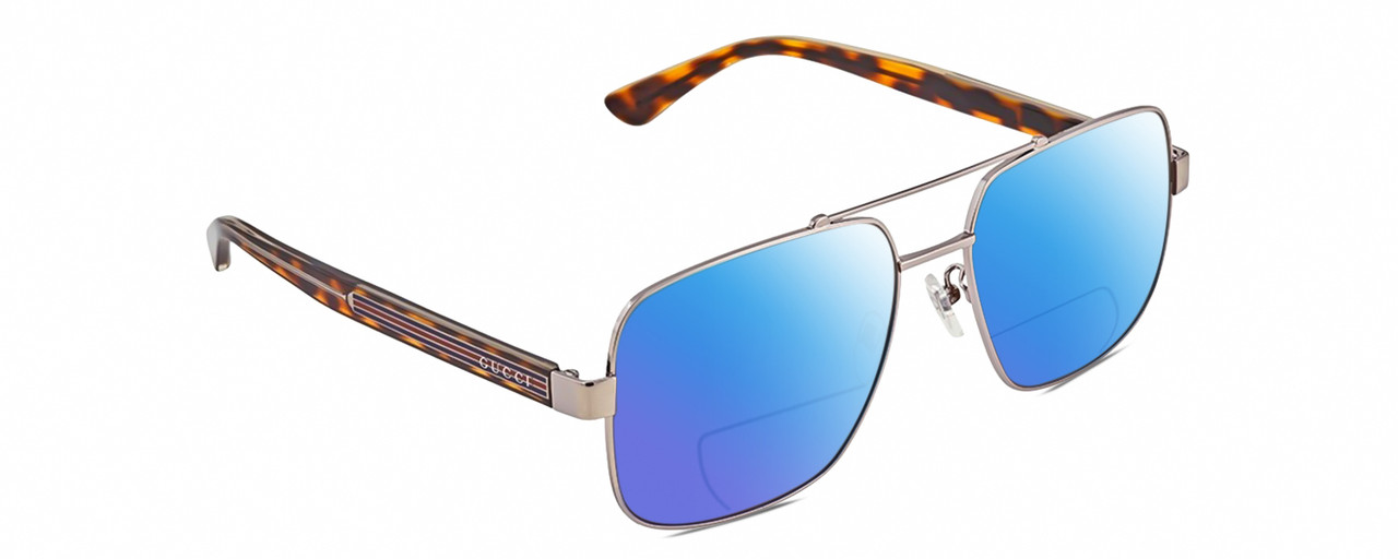 Profile View of Gucci GG0529S Designer Polarized Reading Sunglasses with Custom Cut Powered Blue Mirror Lenses in Ruthenium Silver Tortoise Havana Unisex Pilot Full Rim Metal 60 mm