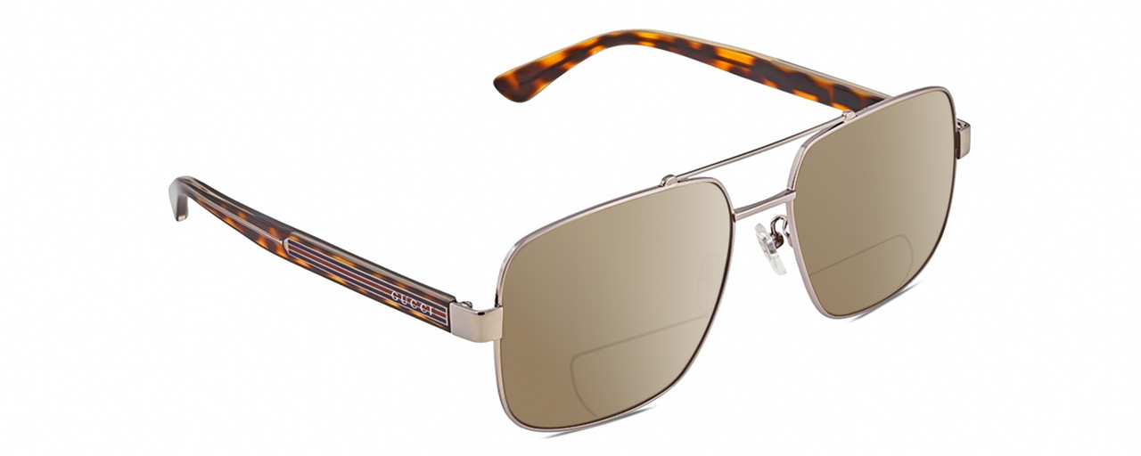 Profile View of Gucci GG0529S Designer Polarized Reading Sunglasses with Custom Cut Powered Amber Brown Lenses in Ruthenium Silver Tortoise Havana Unisex Pilot Full Rim Metal 60 mm