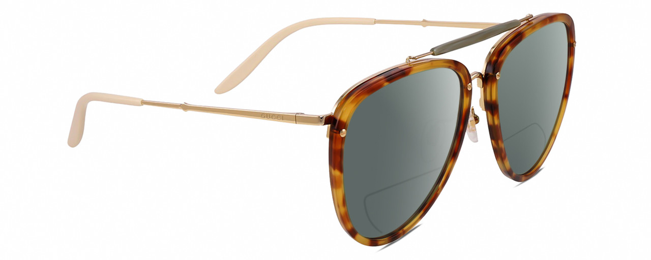 Profile View of Gucci GG0672S Designer Polarized Reading Sunglasses with Custom Cut Powered Smoke Grey Lenses in Tortoise Havana Gold Unisex Pilot Full Rim Acetate 58 mm