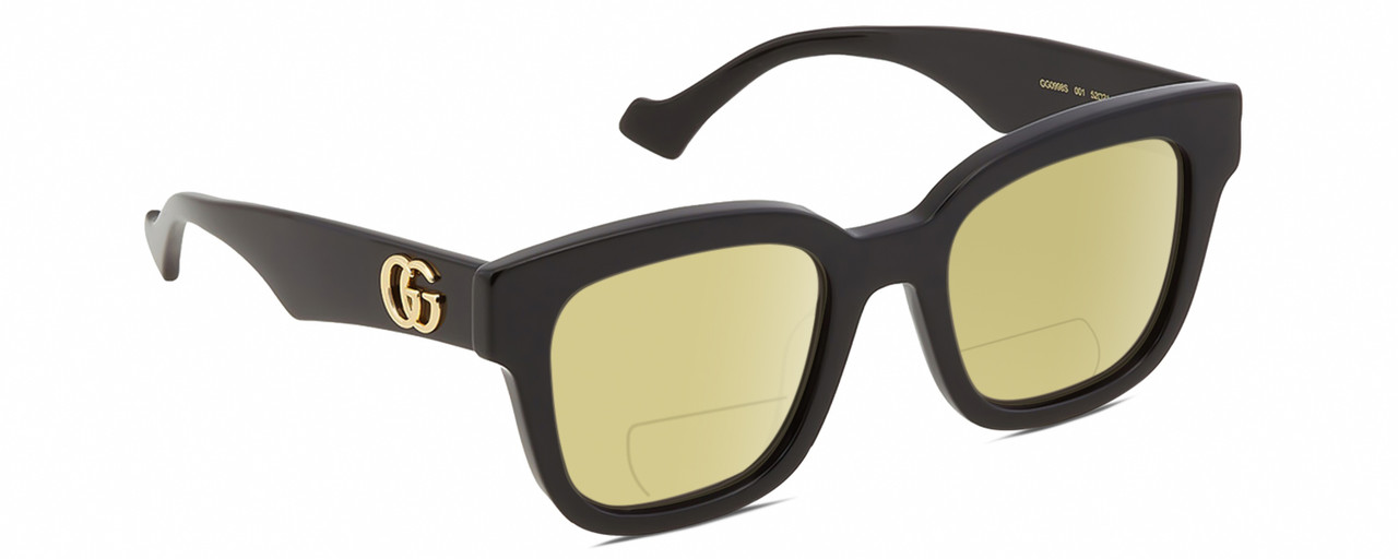 Profile View of Gucci GG0998S Designer Polarized Reading Sunglasses with Custom Cut Powered Sun Flower Yellow Lenses in Gloss Black Gold Ladies Cat Eye Full Rim Acetate 52 mm