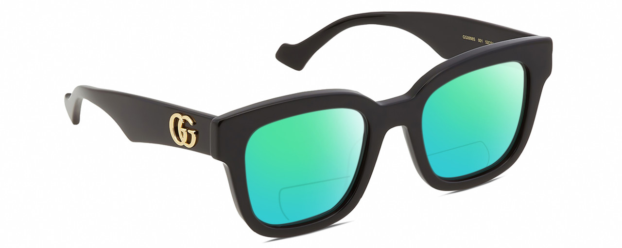 Profile View of Gucci GG0998S Designer Polarized Reading Sunglasses with Custom Cut Powered Green Mirror Lenses in Gloss Black Gold Ladies Cat Eye Full Rim Acetate 52 mm