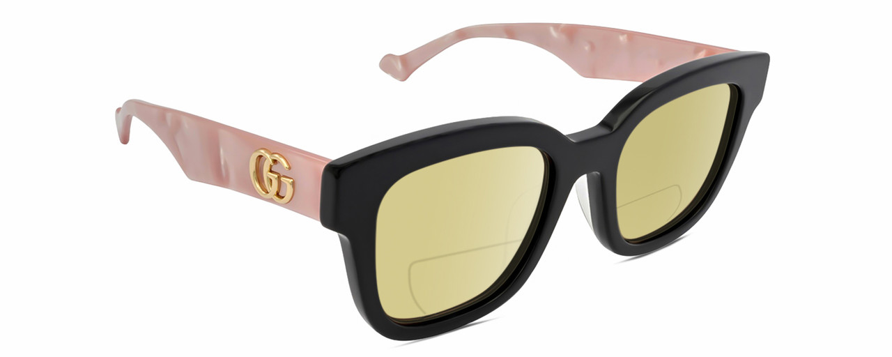 Profile View of Gucci GG0998S Designer Polarized Reading Sunglasses with Custom Cut Powered Sun Flower Yellow Lenses in Gloss Black Pink Opal Gold Ladies Cat Eye Full Rim Acetate 52 mm