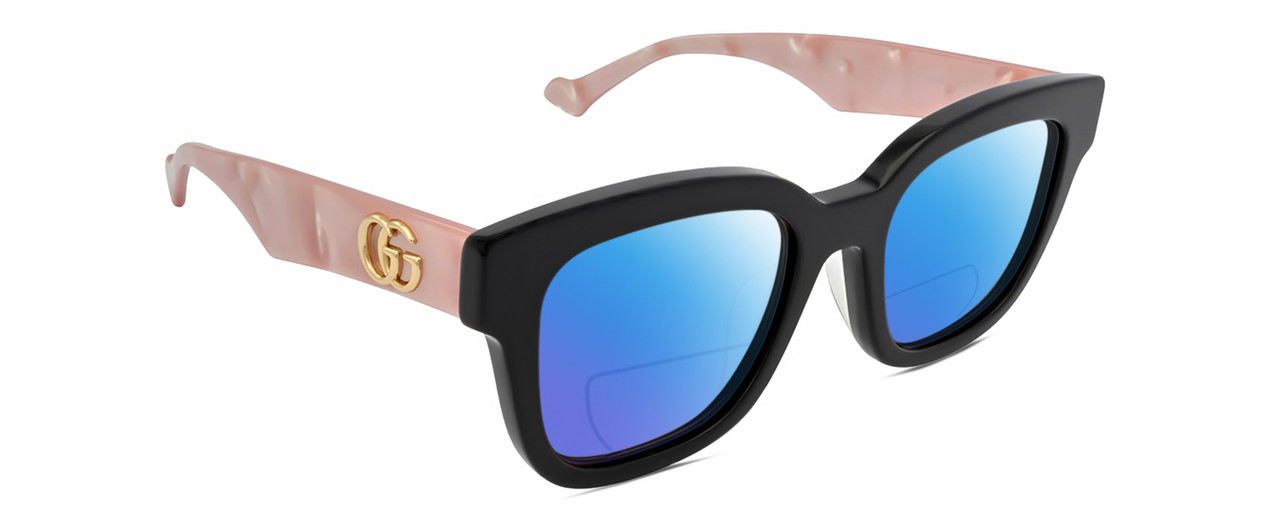 Profile View of Gucci GG0998S Designer Polarized Reading Sunglasses with Custom Cut Powered Blue Mirror Lenses in Gloss Black Pink Opal Gold Ladies Cat Eye Full Rim Acetate 52 mm