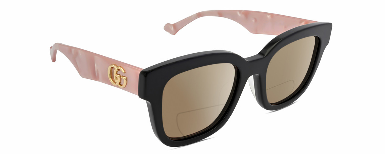 Profile View of Gucci GG0998S Designer Polarized Reading Sunglasses with Custom Cut Powered Amber Brown Lenses in Gloss Black Pink Opal Gold Ladies Cat Eye Full Rim Acetate 52 mm