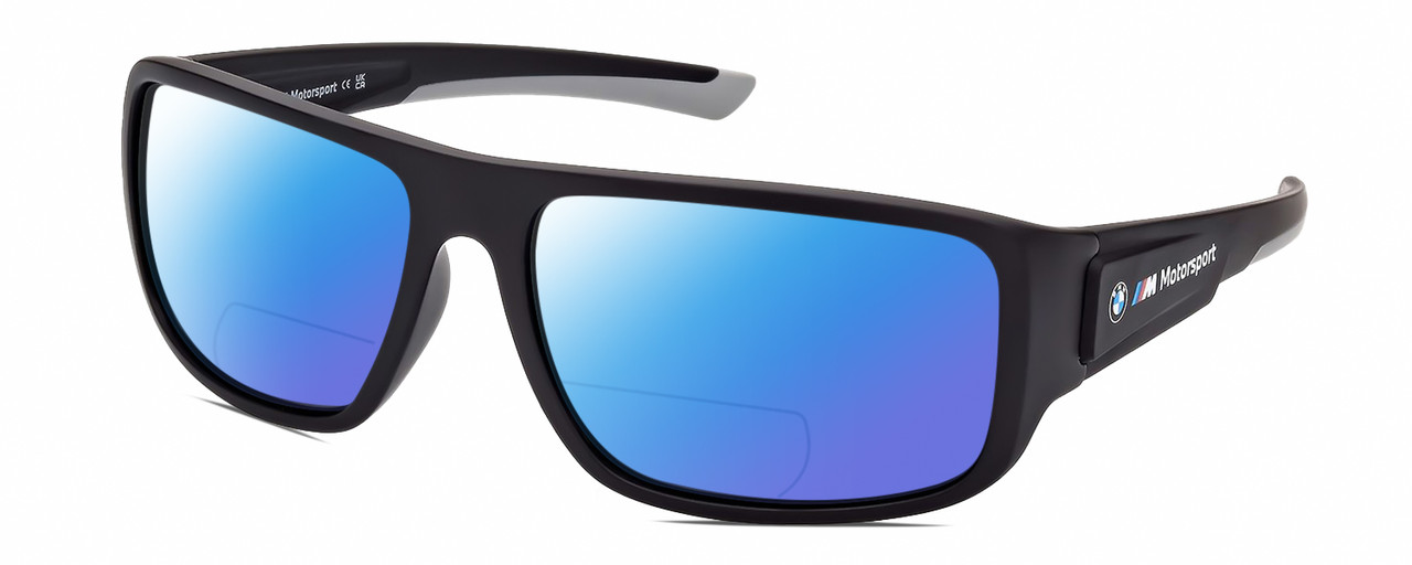 Profile View of BMW BS0023 Designer Polarized Reading Sunglasses with Custom Cut Powered Blue Mirror Lenses in Matte Black Grey Mens Rectangular Full Rim Acetate 63 mm