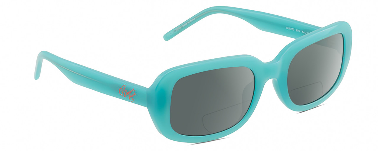 Profile View of Guess GU8250 Designer Polarized Reading Sunglasses with Custom Cut Powered Smoke Grey Lenses in Gloss Turquoise Blue Ladies Oval Full Rim Acetate 54 mm