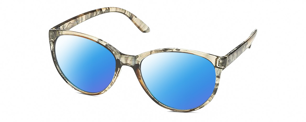 Profile View of Skechers SE6059 Designer Polarized Sunglasses with Custom Cut Blue Mirror Lenses in Clear Yellow Grey Smoke Crystal Ladies Cat Eye Full Rim Acetate 57 mm