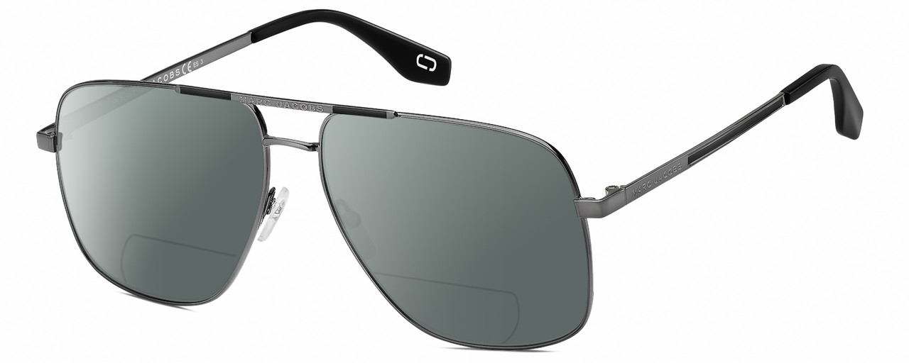 Profile View of Marc Jacobs 387/S Designer Polarized Reading Sunglasses with Custom Cut Powered Smoke Grey Lenses in Shiny Gunmetal Black Unisex Pilot Full Rim Metal 60 mm