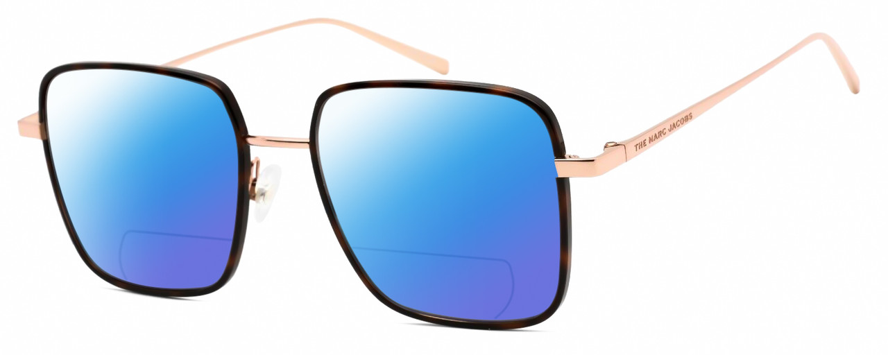 Profile View of Marc Jacobs 477/S Designer Polarized Reading Sunglasses with Custom Cut Powered Blue Mirror Lenses in Tortoise Havana Rose Gold Unisex Square Full Rim Metal 51 mm