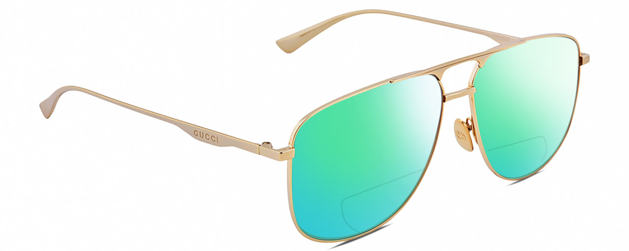 Profile View of Gucci GG0336S Designer Polarized Reading Sunglasses with Custom Cut Powered Green Mirror Lenses in Gold Unisex Square Full Rim Metal 60 mm