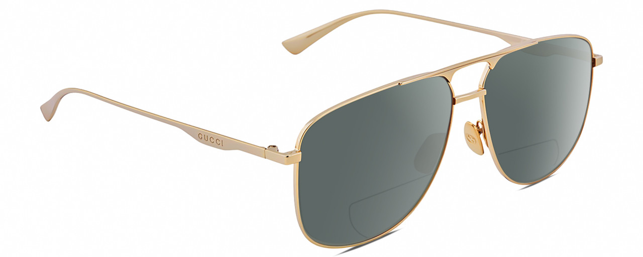 Profile View of Gucci GG0336S Designer Polarized Reading Sunglasses with Custom Cut Powered Smoke Grey Lenses in Gold Unisex Square Full Rim Metal 60 mm