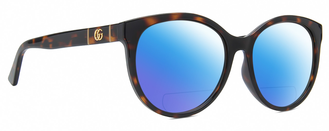 Profile View of Gucci GG0636SK Designer Polarized Reading Sunglasses with Custom Cut Powered Blue Mirror Lenses in Tortoise Havana Gold Ladies Round Full Rim Acetate 56 mm