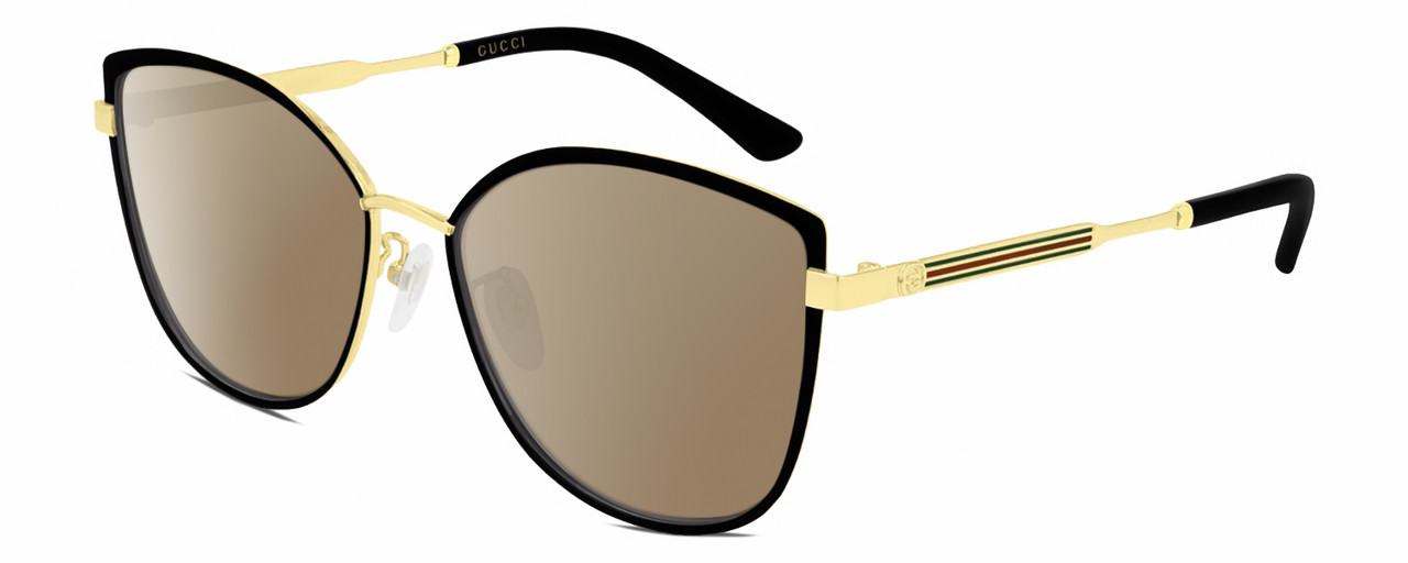 Profile View of Gucci GG0589SK Designer Polarized Sunglasses with Custom Cut Amber Brown Lenses in Black Gold Ladies Cat Eye Full Rim Metal 57 mm