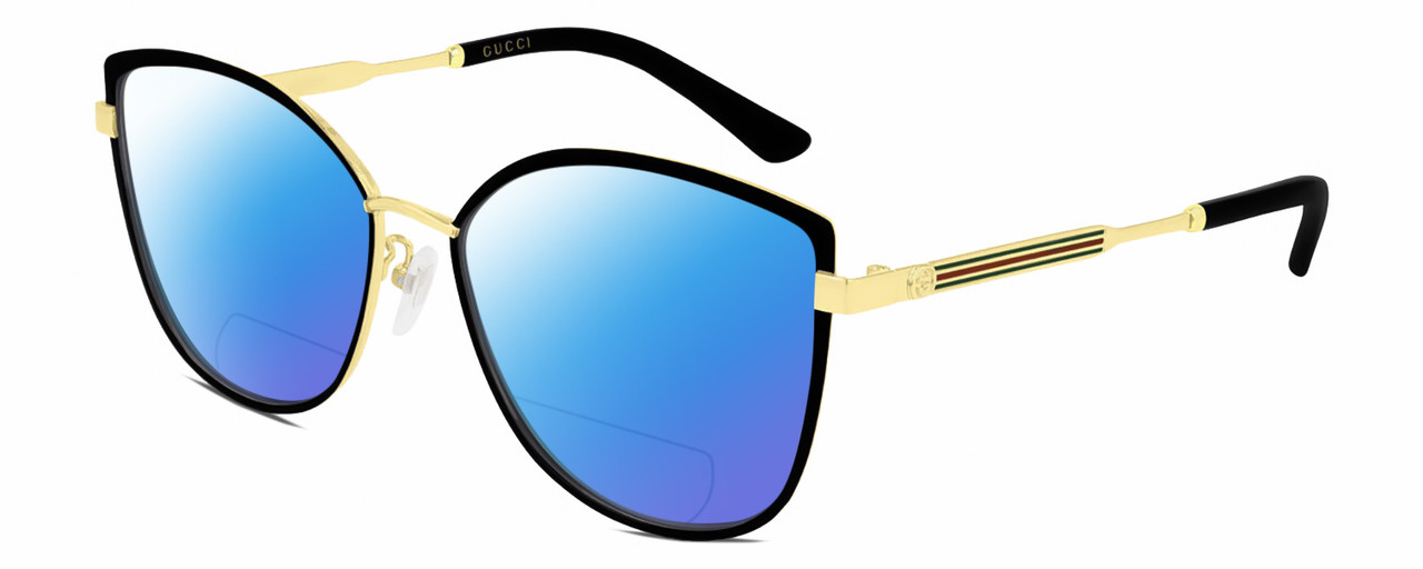 Profile View of Gucci GG0589SK Designer Polarized Reading Sunglasses with Custom Cut Powered Blue Mirror Lenses in Black Gold Ladies Cat Eye Full Rim Metal 57 mm
