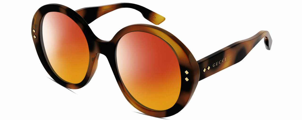 Profile View of Gucci GG1081S Designer Polarized Sunglasses with Custom Cut Red Mirror Lenses in Gloss Tortoise Havana Brown Gold Ladies Round Full Rim Acetate 54 mm