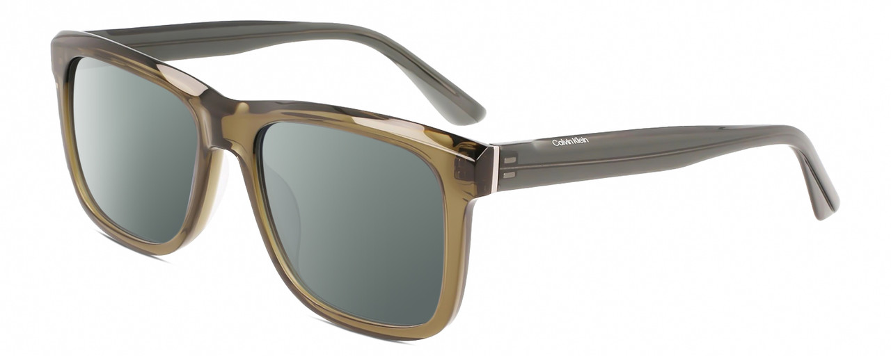 Profile View of Calvin Klein CK22519S Designer Polarized Sunglasses with Custom Cut Smoke Grey Lenses in Sage Green Crystal Unisex Panthos Full Rim Acetate 56 mm