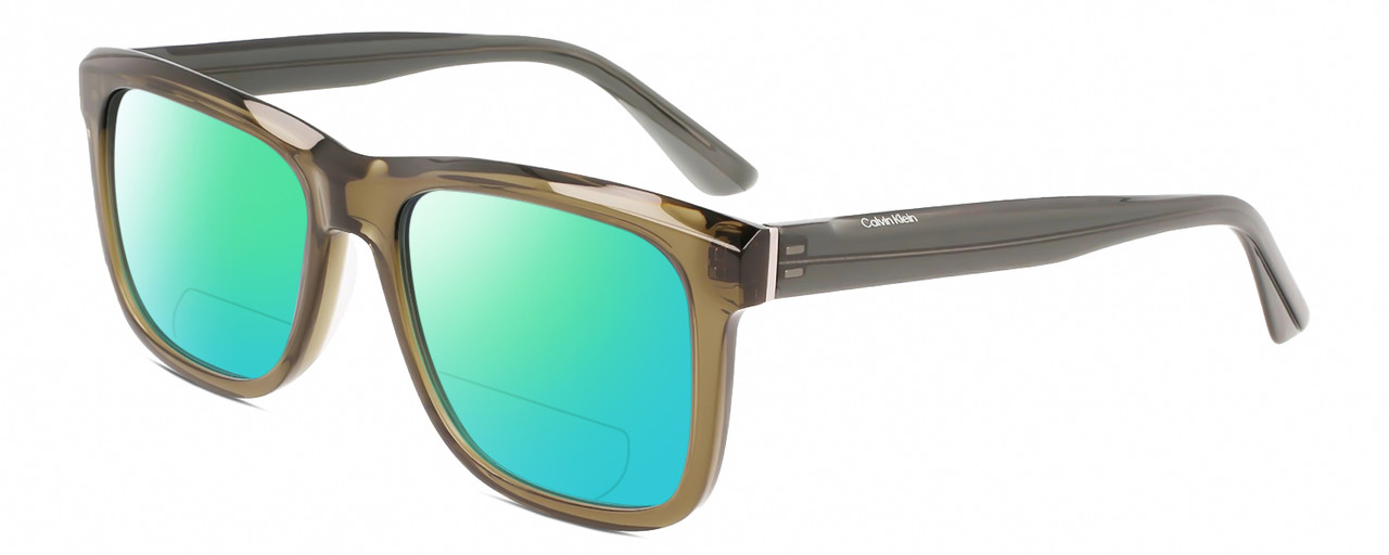 Profile View of Calvin Klein CK22519S Designer Polarized Reading Sunglasses with Custom Cut Powered Green Mirror Lenses in Sage Green Crystal Unisex Panthos Full Rim Acetate 56 mm