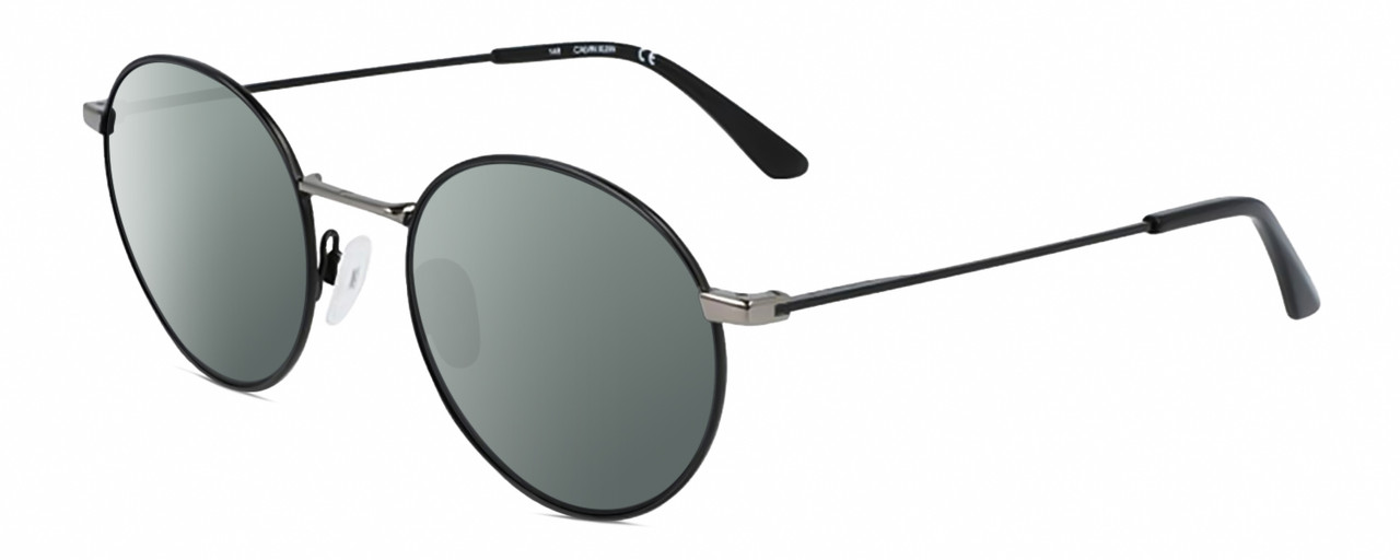 Profile View of Calvin Klein CK21108S Designer Polarized Sunglasses with Custom Cut Smoke Grey Lenses in Matte Black Gun Metal Silver Unisex Round Full Rim Metal 51 mm