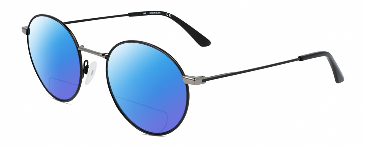 Profile View of Calvin Klein CK21108S Designer Polarized Reading Sunglasses with Custom Cut Powered Blue Mirror Lenses in Matte Black Gun Metal Silver Unisex Round Full Rim Metal 51 mm