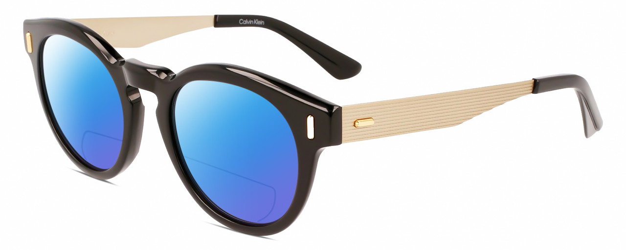 Profile View of Calvin Klein CK21527S Designer Polarized Reading Sunglasses with Custom Cut Powered Blue Mirror Lenses in Gloss Black Gold Unisex Round Full Rim Acetate 50 mm