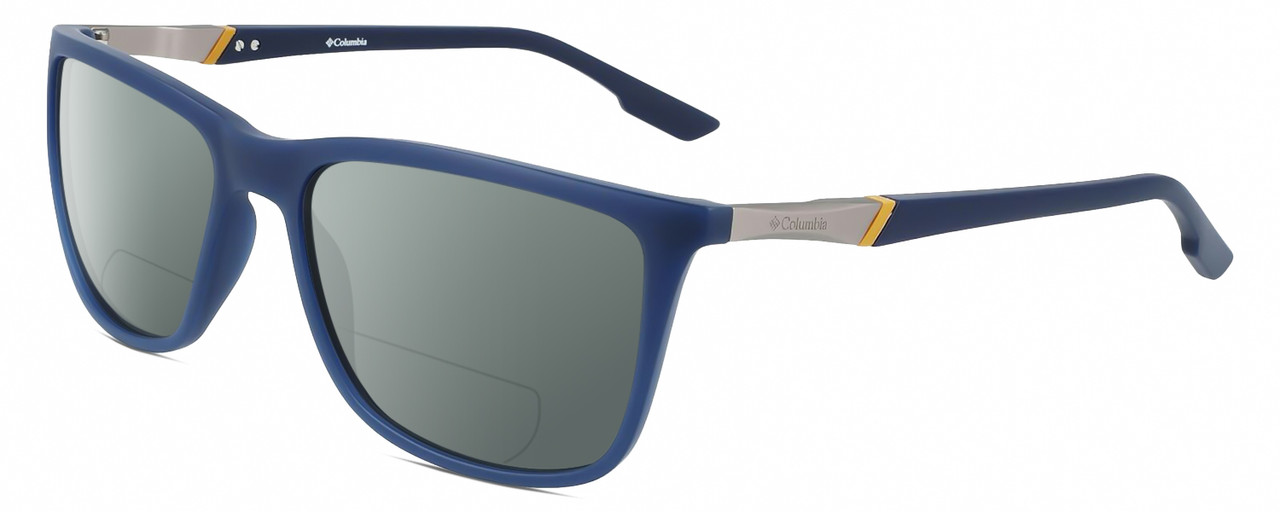 Profile View of Columbia C553S Designer Polarized Reading Sunglasses with Custom Cut Powered Smoke Grey Lenses in Matte Navy Blue Silver Unisex Rectangular Full Rim Acetate 62 mm