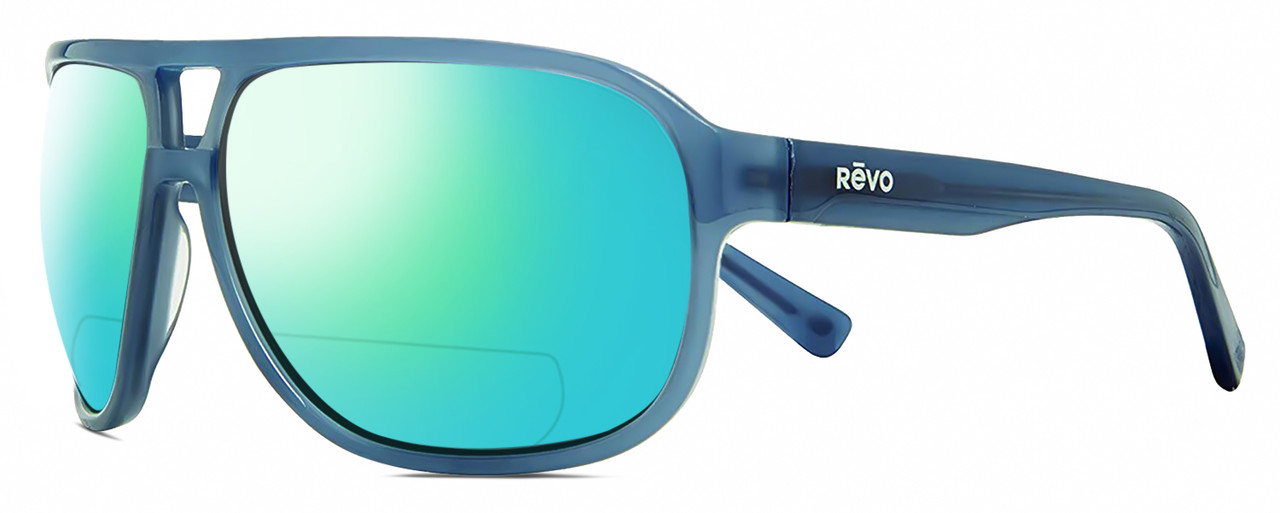 Profile View of REVO HANK Designer Polarized Reading Sunglasses with Custom Cut Powered Green Mirror Lenses in Slate Grey Blue Unisex Pilot Full Rim Acetate 62 mm