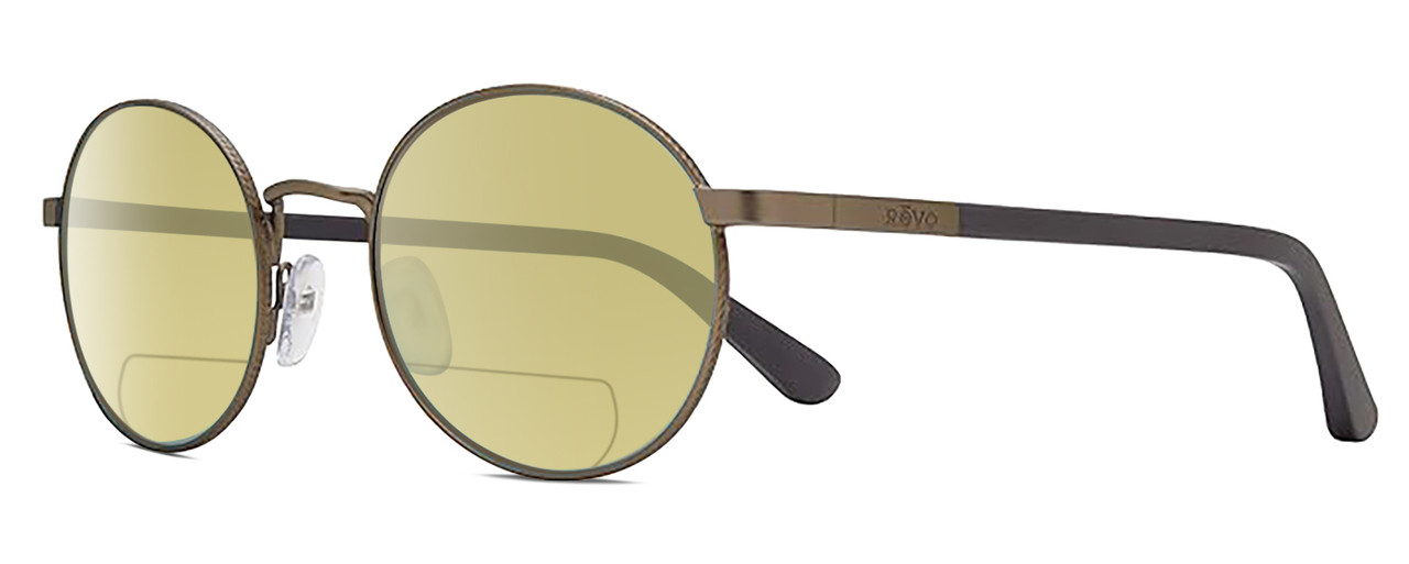 Profile View of REVO RILEY S Designer Polarized Reading Sunglasses with Custom Cut Powered Sun Flower Yellow Lenses in Gun Metal Silver Black Unisex Round Full Rim Stainless Steel 50 mm