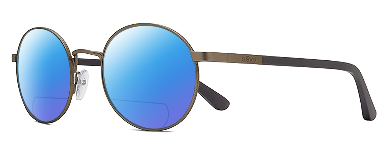 Profile View of REVO RILEY S Designer Polarized Reading Sunglasses with Custom Cut Powered Blue Mirror Lenses in Gun Metal Silver Black Unisex Round Full Rim Stainless Steel 50 mm