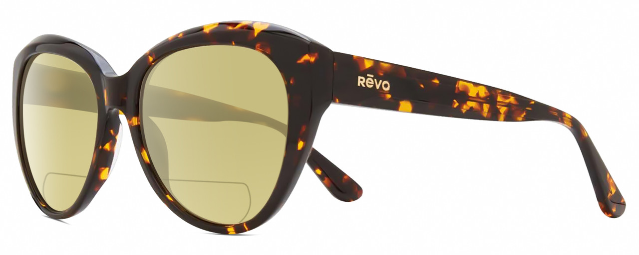Profile View of REVO ROSE Designer Polarized Reading Sunglasses with Custom Cut Powered Sun Flower Yellow Lenses in Tortoise Havana Brown Ladies Cat Eye Full Rim Acetate 55 mm