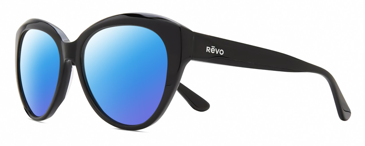 Profile View of REVO ROSE Designer Polarized Sunglasses with Custom Cut Blue Mirror Lenses in Gloss Black Ladies Cat Eye Full Rim Acetate 55 mm