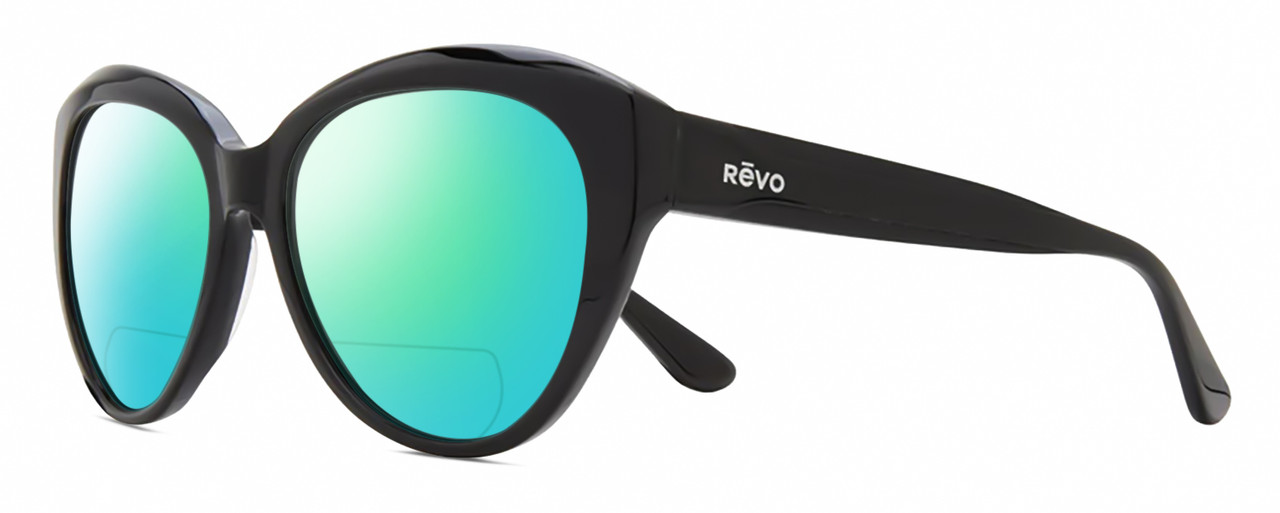 Profile View of REVO ROSE Designer Polarized Reading Sunglasses with Custom Cut Powered Green Mirror Lenses in Gloss Black Ladies Cat Eye Full Rim Acetate 55 mm
