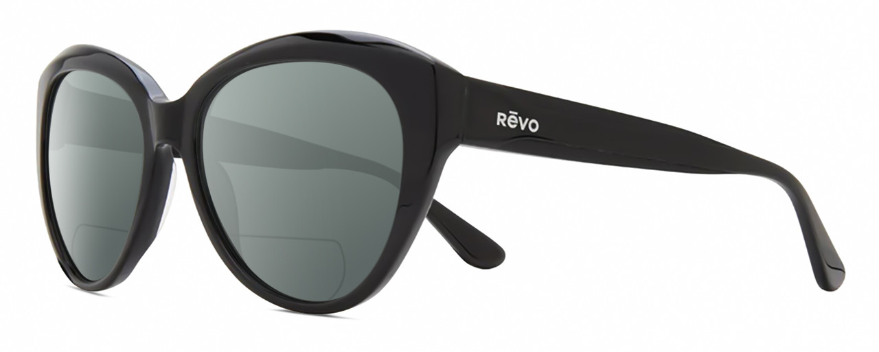 Profile View of REVO ROSE Designer Polarized Reading Sunglasses with Custom Cut Powered Smoke Grey Lenses in Gloss Black Ladies Cat Eye Full Rim Acetate 55 mm