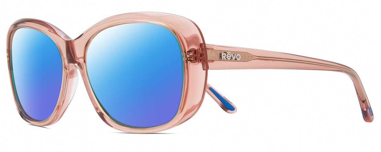 Profile View of REVO SAMMY Designer Polarized Sunglasses with Custom Cut Blue Mirror Lenses in Pink Crystal Ladies Cat Eye Full Rim Acetate 56 mm