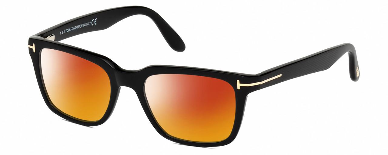 Profile View of Tom Ford CALIBER FT5304-001 Designer Polarized Sunglasses with Custom Cut Red Mirror Lenses in Gloss Black Gold Unisex Square Full Rim Acetate 54 mm