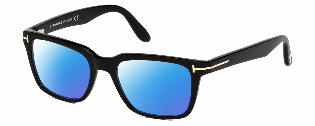 Profile View of Tom Ford CALIBER FT5304-001 Designer Polarized Sunglasses with Custom Cut Blue Mirror Lenses in Gloss Black Gold Unisex Square Full Rim Acetate 54 mm